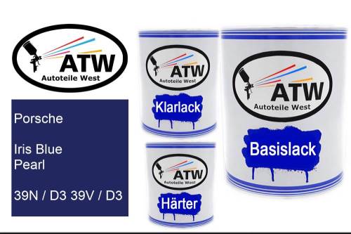 Porsche, Iris Blue Pearl, 39N / D3 39V / D3: 1L Lackdose + 1L Klarlack + 500ml Härter - Set, von ATW Autoteile West.